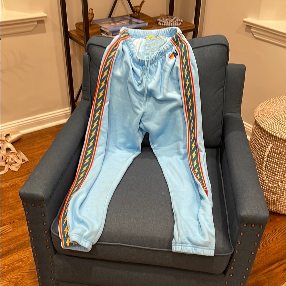 Aviator Nation Sky Blue Track Pants with Rainbow Stripes